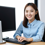 **

A smiling young professional, dressed in a modest business casual outfit (blouse and skirt), sitting at a desk in a bright, modern office.  She is working on a translation project on her computer, a Korean textbook visible nearby. Background shows a clean, organized workspace.  Perfect anatomy, natural pose, well-formed hands, proper finger count.  Safe for work, appropriate content, fully clothed, professional, high quality.

**
