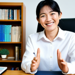 **

"A friendly and professional online Japanese language teacher, fully clothed, smiling warmly at the camera from her home office. Bookshelves and a world map are visible in the background. Safe for work, appropriate content, modest clothing, professional, perfect anatomy, natural proportions, well-formed hands, proper finger count. Showcase the joy and flexibility of remote work."

**
