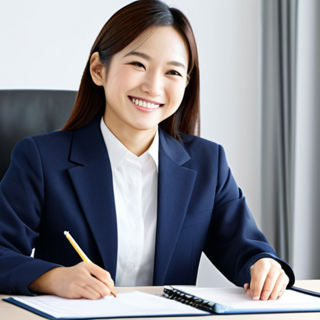 한국어능력시험 이직 성공률 - **

A smiling Japanese businesswoman in a smart, modest business suit, sitting confidently at a clea...