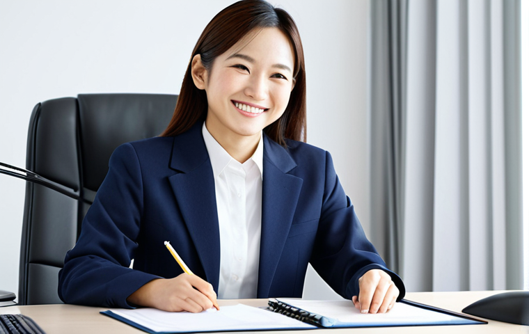 한국어능력시험 이직 성공률 - **

A smiling Japanese businesswoman in a smart, modest business suit, sitting confidently at a clea...