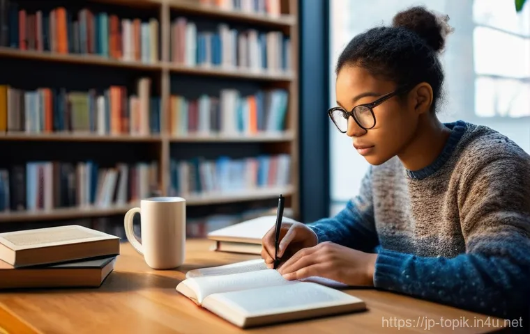 TOPIK 공부 자료 PDF 모음 - **A focused student in a cozy study nook:** A young adult, dressed in a comfortable, stylish sweater...