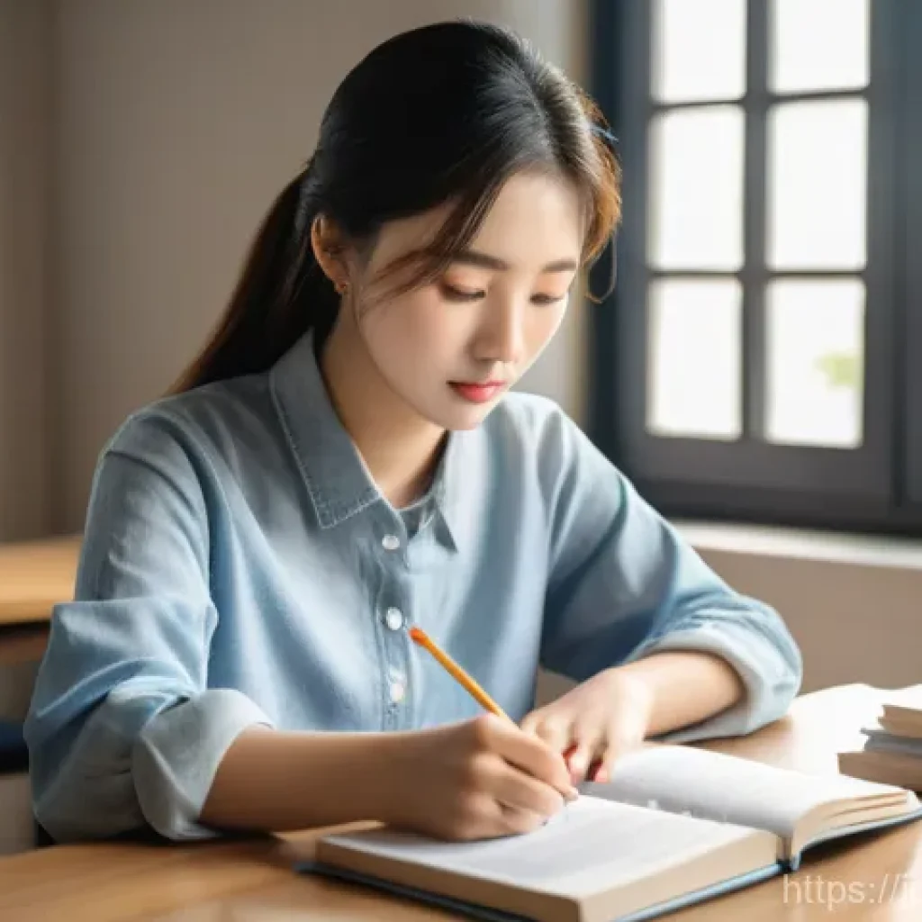 TOPIK 고급 준비 방법 - A focused young woman in her early twenties, modestly dressed in a comfortable long-sleeved top and ...