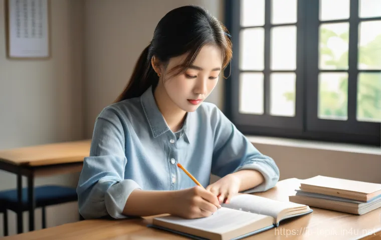 TOPIK 고급 준비 방법 - A focused young woman in her early twenties, modestly dressed in a comfortable long-sleeved top and ...