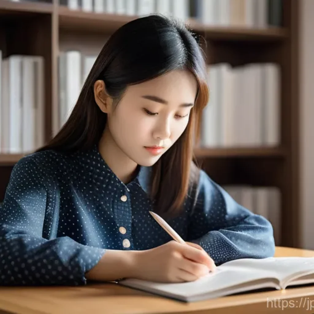 TOPIK 점수 환산 기준 - A focused young Japanese woman (18-25 years old) diligently studying Korean for the TOPIK exam in a ...