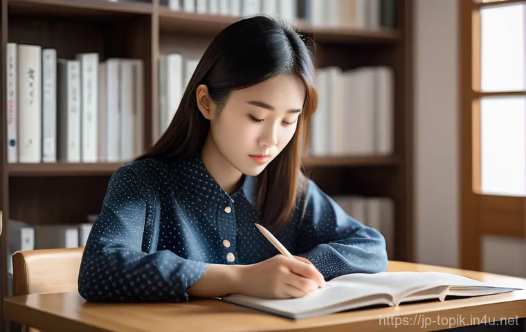 TOPIK 점수 환산 기준 - A focused young Japanese woman (18-25 years old) diligently studying Korean for the TOPIK exam in a ...
