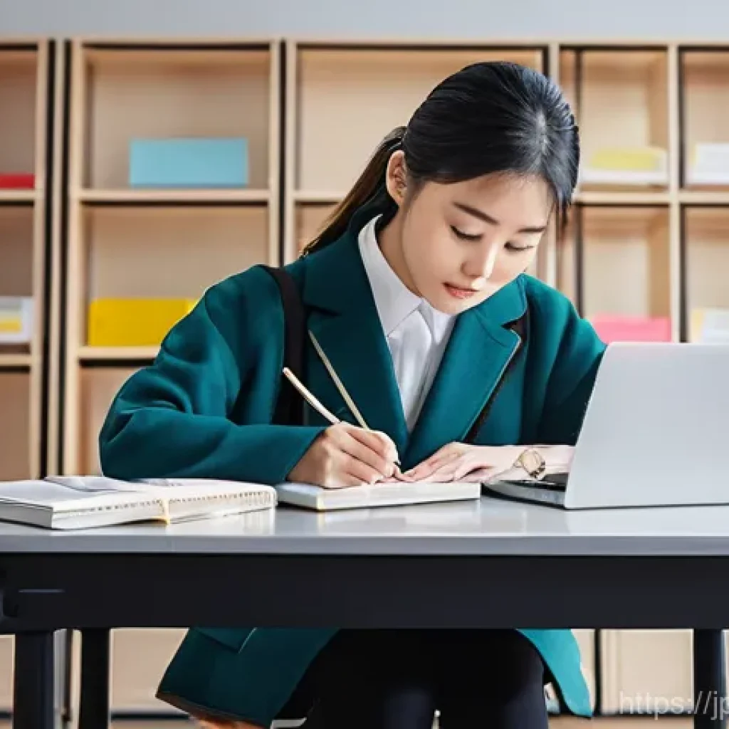 TOPIK 시험 실기 준비법 - **Prompt: "A focused Japanese female student in her mid-20s is diligently studying for the TOPIK exa...