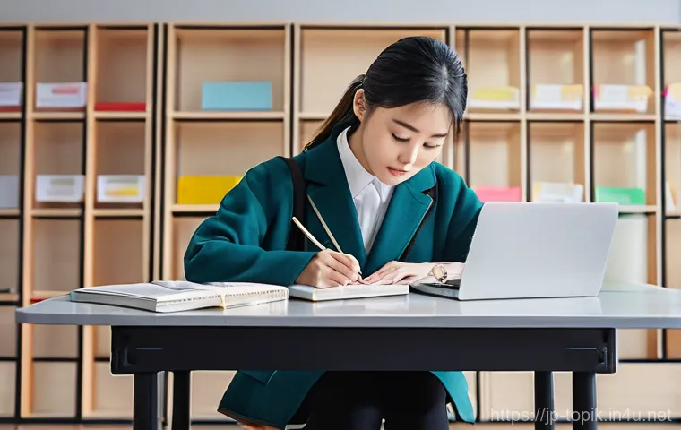 TOPIK 시험 실기 준비법 - **Prompt: "A focused Japanese female student in her mid-20s is diligently studying for the TOPIK exa...
