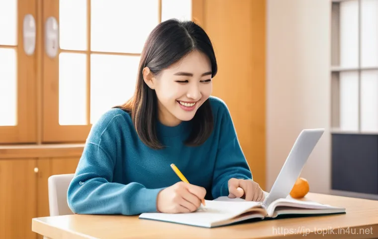 TOPIK 시험 실기 준비법 - **Prompt: "A cheerful Japanese male student in his early 20s is immersed in his TOPIK listening and ...