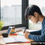 TOPIK 초보를 위한 필수 공부 루틴 - A modern Japanese study room scene showing a young adult sitting at a sleek desk by a large window d...
