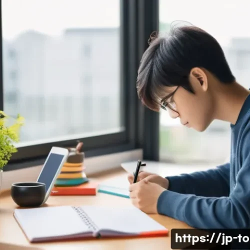 TOPIK 초보를 위한 필수 공부 루틴 - A modern Japanese study room scene showing a young adult sitting at a sleek desk by a large window d...