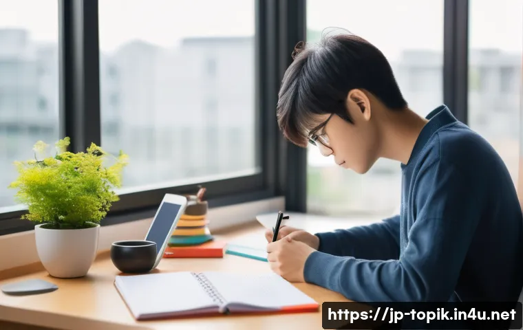 TOPIK 초보를 위한 필수 공부 루틴 - A modern Japanese study room scene showing a young adult sitting at a sleek desk by a large window d...