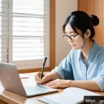 TOPIK 시험 관련 블로그 운영 방법 - A modern Japanese home study room with a young Japanese woman in casual clothes sitting at a tidy wo...