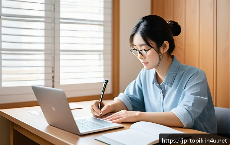 TOPIK 시험 관련 블로그 운영 방법 - A modern Japanese home study room with a young Japanese woman in casual clothes sitting at a tidy wo...