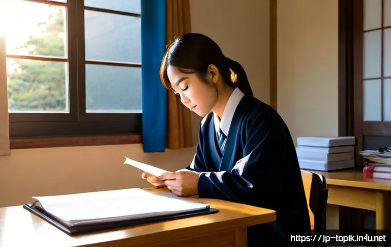 TOPIK 자격증으로 장학금 받는 방법 - Photorealistic Japanese university student in a neat study room, confidently organizing a blank cert...