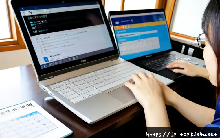 TOPIK 시험 관련 최신 정보 확인 방법 - Photorealistic Japanese university student at a tidy home desk checking the latest Korean language p...